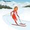 Girl athlete taking part in skiing competition. Cartoon sportswoman with physical disabilities. Paralympic winter games