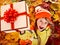 Girl in autumn orange hat on leaf and gift box.