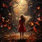Girl in Autumn Park, Girl in a Forest with Orange and Bright Butterfly