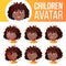 Girl Avatar Set Kid Vector. Black. Afro American. Primary School. Face Emotions. Children. Beauty, Lifestyle. Postcard