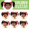 Girl Avatar Set Kid Vector. Kindergarten. Black. Afro American. Face Emotions. Children, Young People. Active, Joy