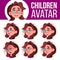 Girl Avatar Set Kid Vector. Primary School. Face Emotions. Emotions, Emotional. Friendly, Weeping. Cartoon Head