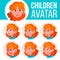 Girl Avatar Set Kid Vector. Primary School. Red Head. Face Emotions. School Student. Kiddy, Birth. Advertisement