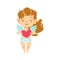 Girl Baby Cupid Holding A Heart, Winged Toddler In Diaper Adorable Love Symbol Cartoon Character