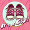 Girl baby shower congratulations vector postcard. Baby announcement in pink. It`s a girl with children shoes in circle.