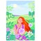 A girl on the background of a spring, summer landscape is dreaming with her eyes closed. Long red hair. Vector illustration in