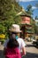 Girl with backpack entering to Quan Yin Shrine.