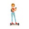 Girl With Backpack And Smartphone Riding Electric Self-Balancing Battery Powered Personal Electric Scooter Cartoon