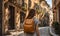 Girl with backpack walking on cobblestone street