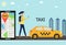 A girl with a backpack walks through the metropolis and calls a taxi using the mobile application. Smartphone with city map and