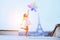 Girl with balloons jumping near Eiffel Tower in Paris