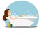 Girl bathes in a foam bath with soap bubbles in the style of flat