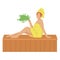 Girl in a bathrobe and a towel with a bath broom in her hands sits in a sauna on a white background. vector flat. rest and
