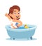 Girl in bathroom. Child daily routine, kid sitting in bath with yellow rubber duck and take water treatments, washes