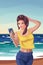 Girl on beach rest, Smartphone message