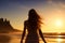 Girl on beach sunset view. Generate ai