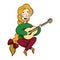 Girl with a beautiful hairstyle plays the guitar, sings songs. White