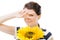 Girl being funny , holding a sunflower