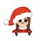 Girl with big eyes and angry emotions, grumpy face, furious eyes in red Santa hat.