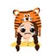 Girl with big eyes and depressive emotion, crying, tears face in tiger hat