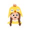 Girl with big eyes and emotions panic, surprised face, shocked eyes in yellow chicken hat