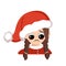 Girl with big eyes and sad emotions, depressed face, down eyes in red Santa hat
