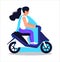 Girl biker vector. Motorcyclist is driving scooter. Woman is riding moped