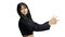 A girl in black clothes, on a white background, points side