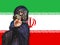 Girl in a black gas mask against the background of the flag of Iran