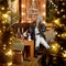 A girl in a black jacket and white pants in a Christmas gazebo