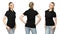 girl in blank black polo shirt mockup design for print and template woman in T-shirt front half turn side back view isolated