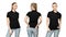 girl in blank black polo shirt mockup design for print and template woman in T-shirt front half turn side back view isolated
