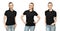 Girl in blank black polo shirt mockup design for print and template young woman in T-shirt front and half turn side view isolated