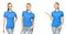 Girl in blank blue polo shirt mockup design for print and concept template young woman in T-shirt front and half turn side view