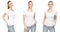 Girl in blank white tshirt mockup design for print and concept template young woman in T-shirt front and half turn side view