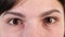 Girl Blinking Eyes with Beautiful Iris. Close-Up of Two Female Eyes with Moving Pupils and Natural Long Eyelashes. Human