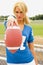 Girl Blonde in Football Jersey