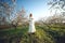 Girl in a blooming garden. A beautiful girl runs in a field with flowers.