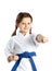 Girl with a blue belt the beat a punch hand on a white background