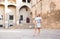 Girl in blue dress posing in Barcelona