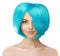 Girl with blue hair. Model with colored haircut. Woman with voluminous updo hairstyle