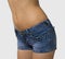 Girl in blue jeans short shorts isolated