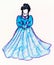 Girl in blue long old fashioned dress. Hand drawing