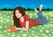 Girl with a book, cartoon drawing, vector illustration. Beautiful brunette woman lies on the stomach on the field with flowers and