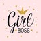 Girl Boss calligraphy lettering with gold textured crown and confetti. Hand written inspirational quote. Feminist slogan. Feminism