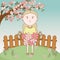 Girl bouquet flowers fence garden tree field cartoon