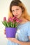 Girl with Bouquet with gently pink tulips