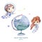 Girl and boy astronauts watercolor illustration. Globe. Save the earth