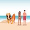 Girl and boy cartoons with swimsuit at the beach with surfboards vector design