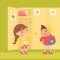 Girl and boy changing clothes at lockers in kindergarten. Little boy with ball and girl putting on coat in winter vector